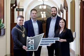Belfast Lord Mayor, Councillor Ryan Murphy is pictured with sponsors Richard McConkey Danske Bank, Daniel Glover Pacem Accounting & Tax and Elizabeth Crossan Pacem Accounting & Tax, launching Belfast City Council’s new “21 Under 21 – Entrepreneurs to Watch in Belfast” competition. It’s designed to unearth, recognise, and fast-track 21 exceptional potential young entrepreneurs in the city and is an exciting opportunity for young entrepreneurs at an idea, or early start phase, to take part in a three-month programme of action-oriented workshops that will act as a springboard for future success. One of the 21 participants will be named Belfast’s first ever Young Entrepreneur of the Year and win a £2,000 cash boost. For more information on how to enter, go to www.belfastcity.gov.uk/21under21. (Pic: Belfast City Council)