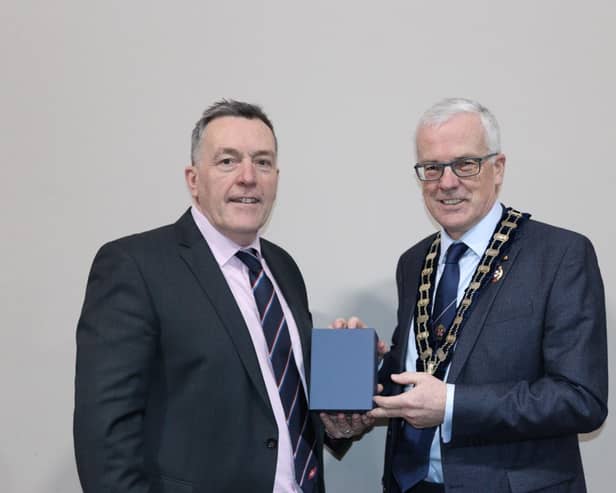 George Mullan, Managing Director of ABP Northern Ireland congratulates Mr John Henning OBE on his election as President of the RUAS. (Pic: ABP)