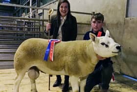 Pictured is Robert Walmsley White Water Farm with his shearling ram exhibit with Judge Naomi O'Hare handing over the Fane Valley Champion rosette at the NI Texel Sheep Breeder's Show and Sale in Hilltown.