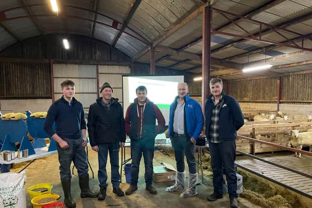 Jonathan Brown, CAFRE Beef and Sheep Adviser, pictured on farm with Eric Garvin and his family, who kindly hosted one of a series of “Planning for a Successful Lambing” events.