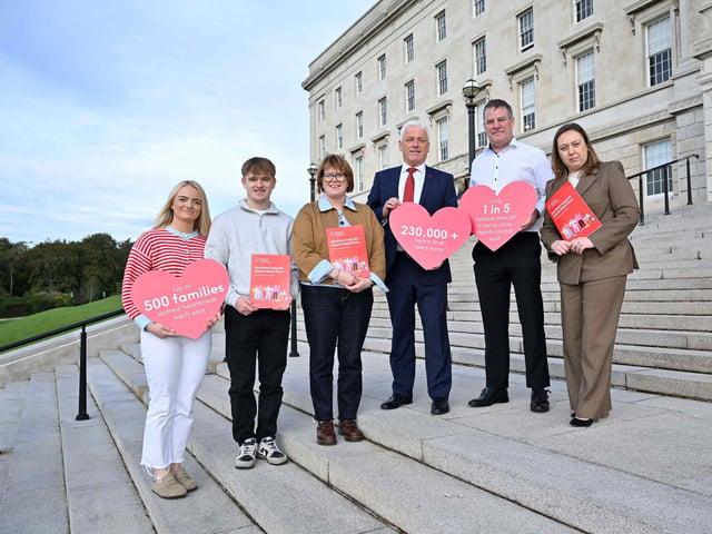 British Heart Foundation NI has launched a new report, ‘Hearts Need More’, highlighting the urgent need to tackle cardiovascular disease (CVD) in Northern Ireland and prevent as many as 500 premature deaths a year. Pictured at the launch at Parliament Buildings are Lucy, David and Alison Huffington from Portstewart, who lost their beloved father and husband Garry suddenly to a heart attack in September with Terry Rice from Newry, who lost his husband Derek to a heart attack in February alongside Fearghal McKinney, Head of BHF NI and event sponsor DUP MLA Deborah Erskine.