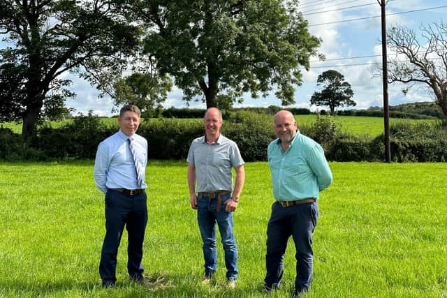 The launch of the UGS Grassland Farmer of the Year competition took place on the farm of last years winner Gordon Mitchell, Banbridge who is pictured centre with Rodney Brown, Danske Bank (Sponsor) and David Linton, President, Ulster Grassland Society. (Pic: UGS)