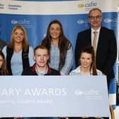 BSc (Hons) Agricultural Technology Bursary recipients. Back row (L-R) Dr Mark Carson, Higher Education Programme Manager, Rebekah Woodside, Rachel Kinnear and Mr Martin McKendry, CAFRE Director. Front row (L-R) Rachel Thompson, James Campbell, and Emma Turner.
