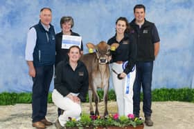 Fleming Family with their Jersey Calf Champion Potterswalls Moonlight Lady 2 taking the Reserve Interbreed title on the day. (Pic supplied by Ulster Jersey Cattle Club)