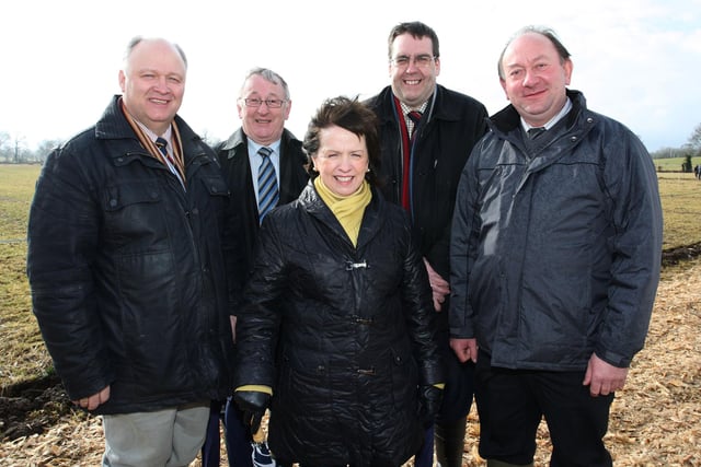 Braving the elements at the Mullahead and District ploughing match from left, David Simpson MP, Councillor Sidney Anderson, Councillor Stephen Moutray, Councillor William Irwin Armagh and Dianne Dodds MLA. Picture: Portadown Times/PT10-610