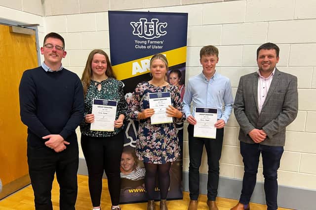 Pictured is the winning 14-16 group debating team from Donaghadee YFC receiving their certificates from guest speaker David Duly (left) and YFCU deputy president Richard Beattie (right). Picture: Submitted