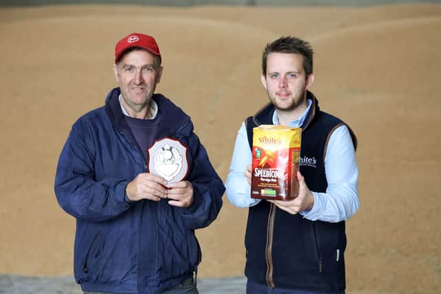 White's Grower of the Year 2023 Adrian Douglas from Co.Down pictured with Steven McAllister, White’s Agri Supply Chain Coordinator. Pic: Whites