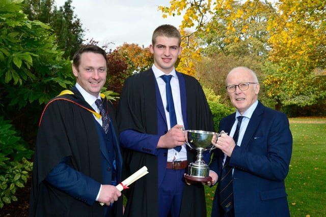 Nathan Fulton (Knockloughrim) was presented with the National Sheep Association Cup by Maurice McHenry at the Greenmount Campus autumn graduation event. Nathan received the award for performance in sheep production and was congratulated by his course Lecturer Mark Poots.