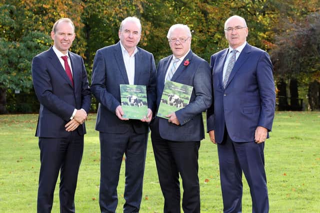 Pictured from left to right: Nick Whelan, Group Chief Executive Dale Farm, Paul Vernon, Chief Executive Glanbia Cheese, Dr Mike Johnston MBE PhD, Chief Executive DCNI, and Michael Hanley, Chief Executive Lakeland Dairies.