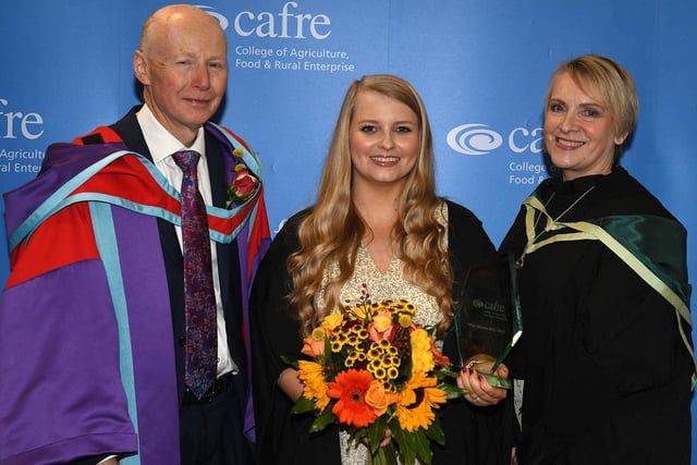 Chole McCann (Antrim) received the Department of Agriculture, Environment and Rural Affairs Prize in recognition of being the top Level 2 Technical Certificate in Floristry student. Chloe received her award from Eric Long (Head of Education, CAFRE) and Sherry Suett (Floristry Lecturer, CAFRE). Pic: CAFRE