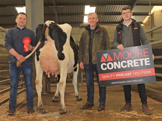 James Cleland exhibited the honourable mention award winner Inch Alcove Jessie PLI £188. Included are judge Ben Mallon; and sponsor David Henderson, Moore Concrete. Julie Hazelton