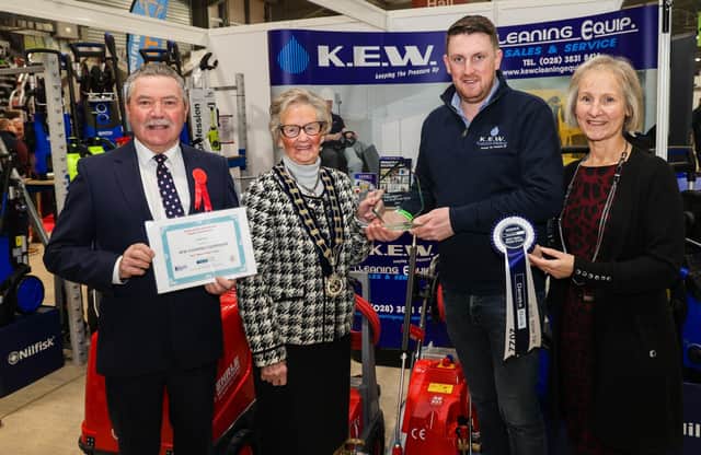 The Reserve Best Small Trade Stand at the 2022 Royal Ulster Winter Fair in association with sole sponsor Danske Bank was awarded to Kew Cleaning Equipment. Pictured: Trade Stand Judge Ian Wilson, RUAS President Christine Adams, Matthew Ingram and Danske Bank’s Elaine Alderdice. Picture: Brian Thompson