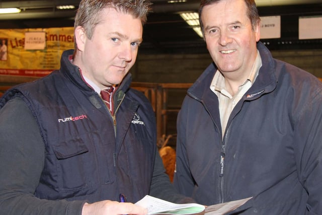Barry Chambers, Portadown, and Robin Boyd, Portglenone, keep an eye on trade at the NI Simmental Club's show and sale, Dungannon. Picture: Julie Hazelton