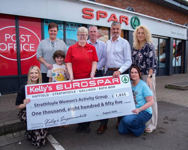 The team at SPAR Strathfoyle recently presented the cheque to Strathfoyle Women’s Activity Group on behalf of Henderson Group.   (L-R): Strathfoyle Women's Activity Group Centre Manager Gemma Doherty, Childcare Worker Martina Jenkins, Strathfoyle SPAR store manager Julie Cooley, Area Manager Richard Quigley, Business Development Manager Ciaran Quinn, Strathfoyle Women's Activity Group Finance Admin Coordinator Denise Goodwin and Childcare Worker, Lisa Taylor.