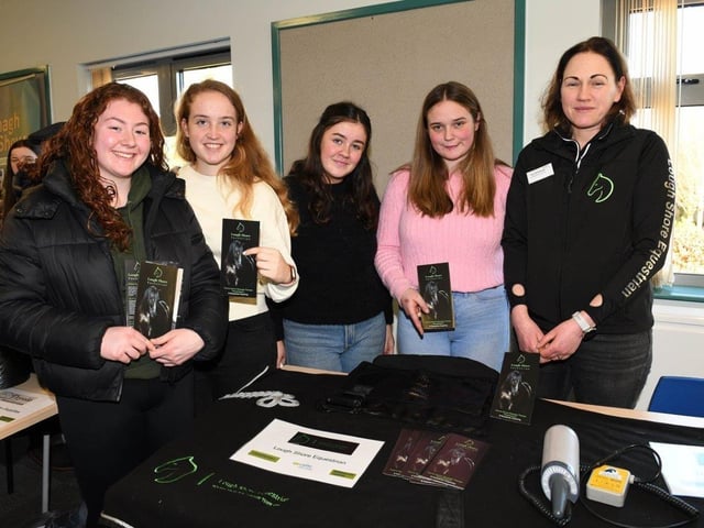 Sam O’Sullivan, Lough Shore Equestrian pictured with CAFRE Enniskillen Campus degree students Caoimhe Hegarty (Fintona, Co Tyrone), Emma English (Knocklong, Co Limerick), Abbey Fagan (Kildare) and Anne Marie Dineen (Waterfall, Co Cork).