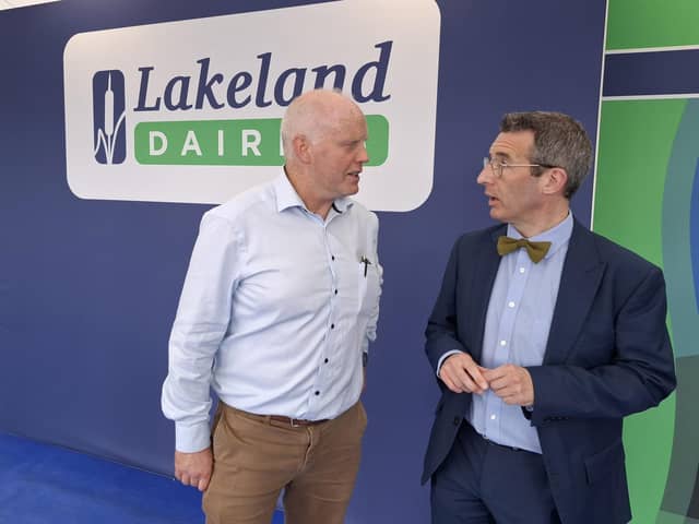 Minister for Agriculture, Environment and Rural Affairs (DAERA),  Andrew Muir MLA Lakeland Dairies’ Chairperson, Niall Matthews, pictured at Balmoral Show. (Pic: Freelance)