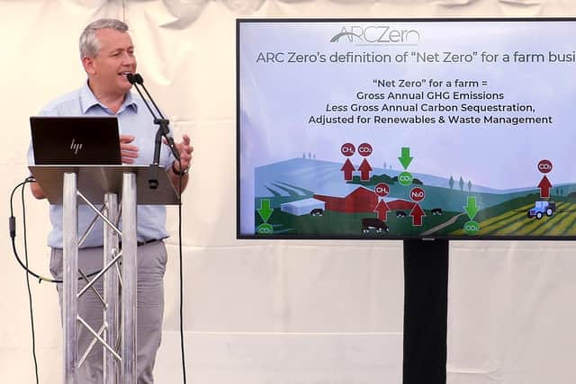 Arc Zero Chair John Gilliland delivering the keynote address at the recent Arc Zero conference, which is now available to watch at arczeroni.org. Pic: AgriSearch