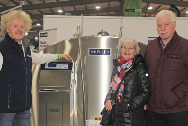 Gene Ormiston, Intercool Engineering, pictured with Vanessa and Kenneth Muldrew, Richhill, at the RUAS Winter Fair. Picture: Julie Hazelton
