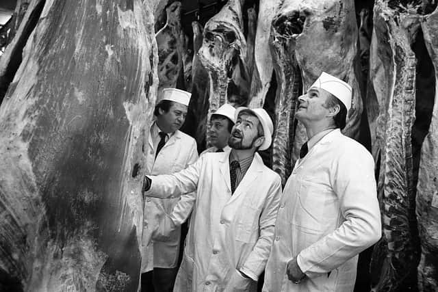 Pictured in January 1983 is Mr Adam Butler, right, Minister in charge of agriculture for Northern Ireland during a visit to the Abbey Meat Plant, Whiteabbey, Co Antrim, with Mr John McCullough, managing director. Picture: Farming Life/News Letter archives
