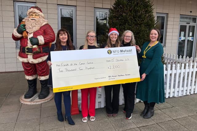 Friends of the Cancer Centre received a donation of £2,200 as part of NFU Mutual’s Community Champions Scheme (L-R): Denise Falls (Friends of the Cancer Centre), Lauren Finaly (NFU Mutual), Emma Wilson (NFU Mutual), (Louise Crawford, NFU Mutual), Lauren McRoberts (Friends of the Cancer Centre)