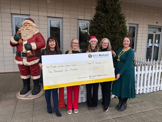 Friends of the Cancer Centre received a donation of £2,200 as part of NFU Mutual’s Community Champions Scheme (L-R): Denise Falls (Friends of the Cancer Centre), Lauren Finaly (NFU Mutual), Emma Wilson (NFU Mutual), (Louise Crawford, NFU Mutual), Lauren McRoberts (Friends of the Cancer Centre)