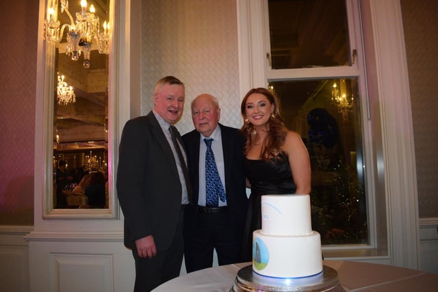 Peter McConnell, Ian Patterson and Clara McConnell at the Holestone YFC 80th anniversary dinner at the Galgorm Resort. Picture: Holestone YFC