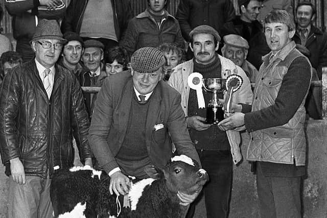Mr Norman McBriar (right), of Watt and McBriar Ltd, Saintfield, presents the cup to Mr Daniel McKee, of Main Road, Portavogie, who won the supreme championship at a show and sale of dropped calves at Allams, Newtownards, at the start of January 1984. Included are the judges, Mr Brian Kerr (left) of Lisburn, and Mr Sam Smyth of Crossgar, who bought the champion for £250.  Picture: Farming Life archives/Darryl Armitage
