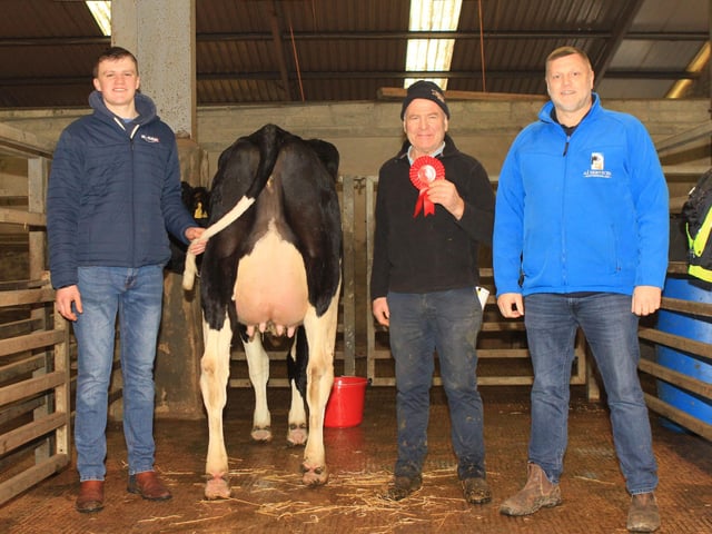 Honourable mention award went to Ian Agnew who exhibited Modelfarm Spock Bambi 2. Also pictured are James Patton, judge; and David Dunlop, sponsor. Picture: Julie Hazelton