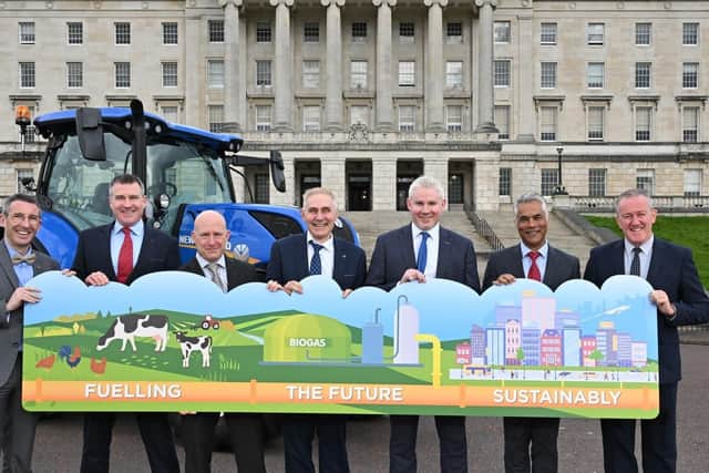 Pictured at the launch are (L-R): DAERA Minister Andrew Muir, Niall Martindale (Chief Executive, firmus energy), David Butler (Director, Evolve), Paddy Larkin (Chief Executive, Mutual Energy), Shane Rafferty (Energy Transition Manager, GNI UK), Kailash Chada (Chief Executive Phoenix, Energy), and Economy Minister Conor Murphy.