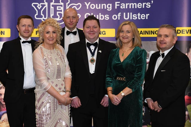 David Dunlop, Chestnutt Animal Feeds, Mairead McCay, Daniel McKay, Chestnutt Animal Feeds, Stuart Mills, YFCU president, Caroline McConaghie and Norman McConaghie, Chestnutt Animal Feeds. at the arts YFCU festival gala at the Millennium Forum in Londonderry. Picture: YFCU
