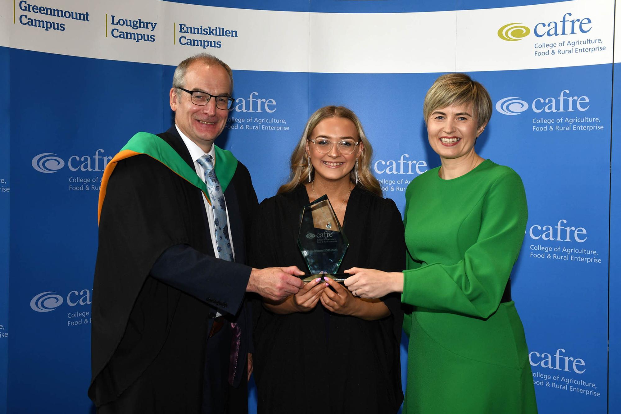 Congratulations Chloe Millar (Benburb) on being awarded the Department of Agriculture, Environment and Rural Affairs (DAERA) Prize at the Loughry Campus Further Education Awards Ceremony. Chloe received the award for best performing Level 3 Food Science and Manufacturing Technology student. Chloe was congratulated by Martin McKendry (CAFRE Director) and Elaine Willis (Retail Director, Linden Foods) who was Guest Speaker at the event. Chloe intends to continue her studies at CAFRE having applied for the BSc (Hons) Degree in Food Innovation Management at Loughry Campus. (Pic: CAFRE)