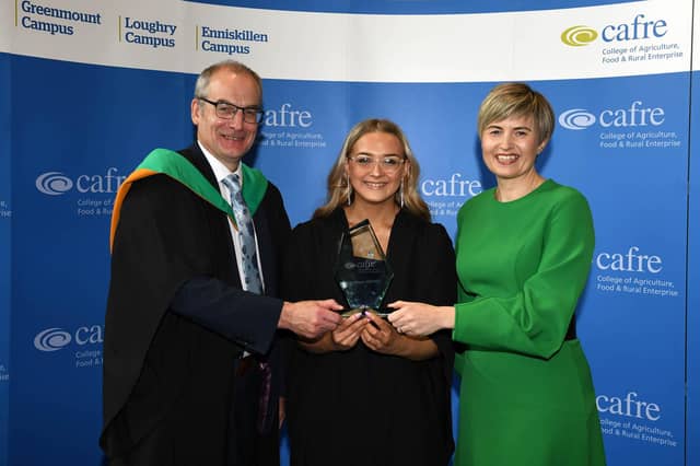 Congratulations Chloe Millar (Benburb) on being awarded the Department of Agriculture, Environment and Rural Affairs (DAERA) Prize at the Loughry Campus Further Education Awards Ceremony. Chloe received the award for best performing Level 3 Food Science and Manufacturing Technology student. Chloe was congratulated by Martin McKendry (CAFRE Director) and Elaine Willis (Retail Director, Linden Foods) who was Guest Speaker at the event. Chloe intends to continue her studies at CAFRE having applied for the BSc (Hons) Degree in Food Innovation Management at Loughry Campus. (Pic: CAFRE)