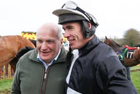 Wilson Dennison, the major supporter of local point-to-points who provides the high profile Loughanmore course, having recorded a double the venue is pictured with multiple All Ireland Champion rider Derek O’Connor. (Pic: Freelance)