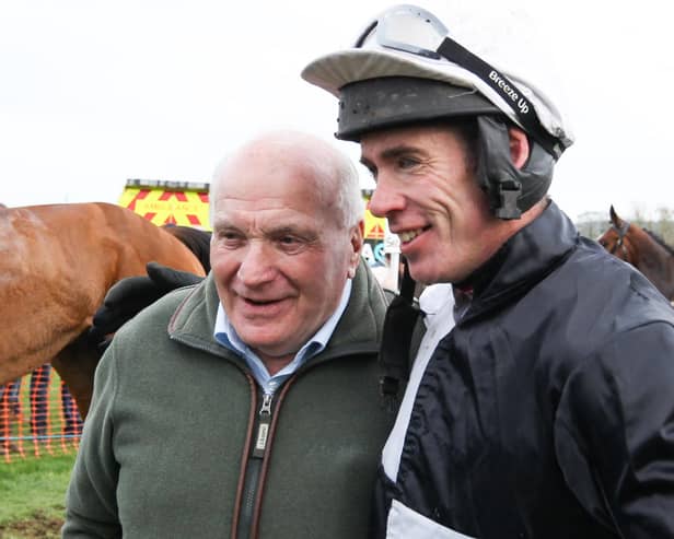 Wilson Dennison, the major supporter of local point-to-points who provides the high profile Loughanmore course, having recorded a double the venue is pictured with multiple All Ireland Champion rider Derek O’Connor. (Pic: Freelance)
