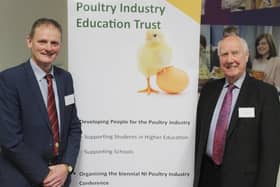 UFU president David Brown (left) and former Moy Park Director, Eric Reid, addressed the recent Poultry Industry Education Trust conference in Northern Ireland. Pic: Richard Halleron