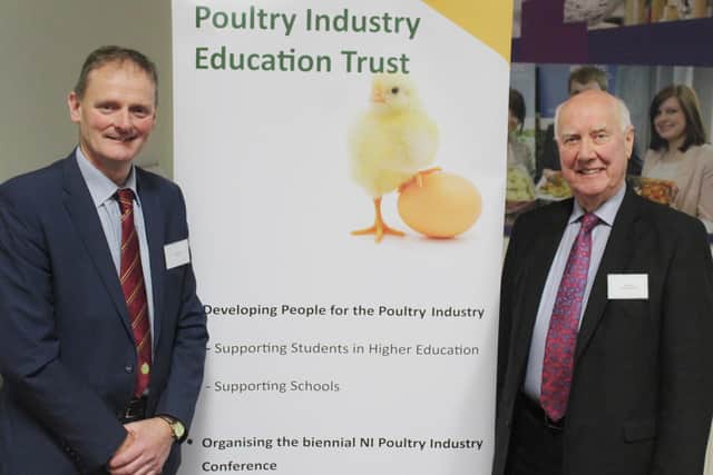 UFU president David Brown (left) and former Moy Park Director, Eric Reid, addressed the recent Poultry Industry Education Trust conference in Northern Ireland. Pic: Richard Halleron