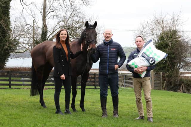 Kathryn Holland, commercial manager at Down Royal, John Rymer, sales and marketing consultant at Bluegrass Horse Feed and Stuart Crawford, racehorse trainer sponsored by Bluegrass Horse Feed