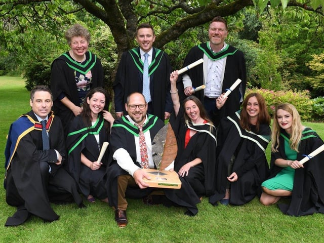 Foundation Degree in Horticulture graduates relax with their Course Manager, David Dowd, after celebrating their achievements at the Greenmount Campus graduation ceremony. Pic: CAFRE