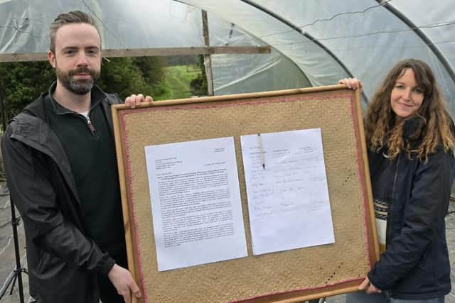 North Down Green Party Councillor Anthony Flynn pictured with Anne Rees, head of horticulture, Soil Association, at a recent meeting of organic farmers at Helen’s Bay Organic.