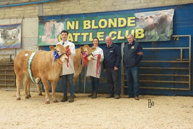 L-R, Reserve Champion Hillhead Ulrika with Martin Rodgers, Overall Champion Hillhead Unicorn with Lucy Rodgers and sponsor Alan Carson of ASC Farm Services and judge & Society Chairman Alistair Martin.