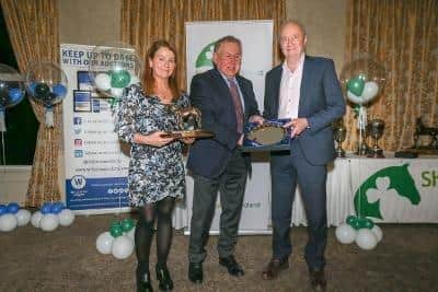FEI Young Rider European Championships Team Gold Medal to Niamh McEvoy (Maeve representing) and silver salver to Robin Bingham, owner, with James Kernan presenting. (Pic: SJI Ulster Region)