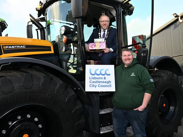 Mayor of Lisburn and Castlereagh City Council, Councillor Andrew Gowan is pictured with Gareth Gault, better known as 'Donkey' of Grassmen. Picture: Submitted