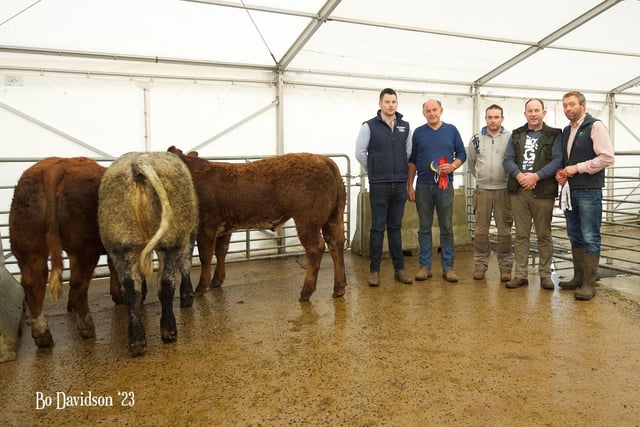 Swatragh: Prize winning heifer exhibitors at the Limousin Club’s suckled calf show. pictured with judge Nathan Havey, and the NI Limousin Club’s James McKay. Picture: Bo Davidson