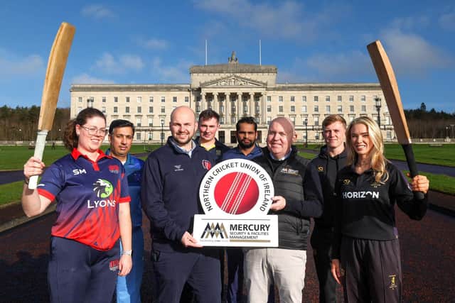 Lisburn-based company Mercury Security & Facilities Management (MSFM) has been unveiled as the new title sponsor of the Northern Cricket Union (NCU) Senior Leagues. MSFM will enjoy exclusive naming rights across NCU’s senior leagues in a three-year partnership that will see all competitions rebranded under the Mercury name – including the Men’s Premier League, Sections 1, 2 and 3, the Women’s Premier League and Women’s Senior League Section 1. Launching the new sponsorship at Stormont are (centre) NCU Chief Executive Callum Atkinson and Mercury Managing Director Liam Cullen, with representatives from the winners of last season’s NCU senior leagues (l-r) Emma McMurray (Waringstown Cricket Club), Vijay Santhanam (Dunmurry CC), Andrew McCavera (Saintfield CC), Prince Sharma (Carrickfergus CC), Cade Carmichael (Instonians CC) and April Linton (Instonians CC).