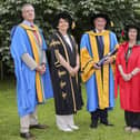 Professor Rory Breathnach (Dean & Head of the UCD School of Veterinary Medicine), Professor Orla Feely (President of UCD), Dr Mike Magan, Professor Cecily Kelleher (College Principal, UCD College of Health & Agricultural Sciences) & Professor Simon More (Professor of Veterinary Epidemiology and Risk Analysis, UCD School of Veterinary Medicine). (Pic: Fennell Photography)