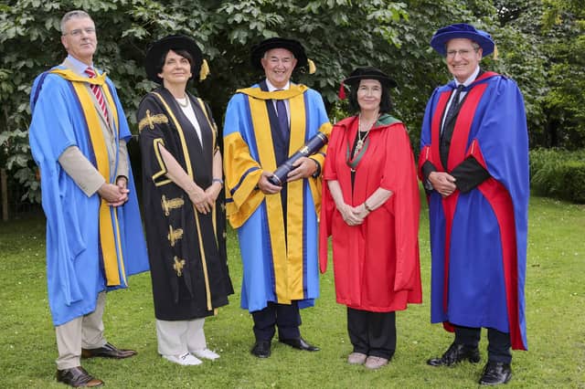 Professor Rory Breathnach (Dean & Head of the UCD School of Veterinary Medicine), Professor Orla Feely (President of UCD), Dr Mike Magan, Professor Cecily Kelleher (College Principal, UCD College of Health & Agricultural Sciences) & Professor Simon More (Professor of Veterinary Epidemiology and Risk Analysis, UCD School of Veterinary Medicine). (Pic: Fennell Photography)