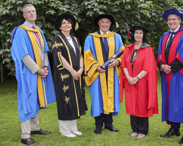 Professor Rory Breathnach (Dean & Head of the UCD School of Veterinary Medicine), Professor Orla Feely (President of UCD), Dr Mike Magan, Professor Cecily Kelleher (College Principal, UCD College of Health & Agricultural Sciences) & Professor Simon More (Professor of Veterinary Epidemiology and Risk Analysis, UCD School of Veterinary Medicine). (Pic: Fennell Photography)