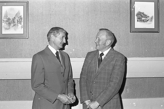 Wallace Perry, Ballymena Show secretary, and Bertie Nevin, chief steward of trade stands, chat during the launch of the 1982 show in June 1982. Picture: Farming Life/News Letter archives