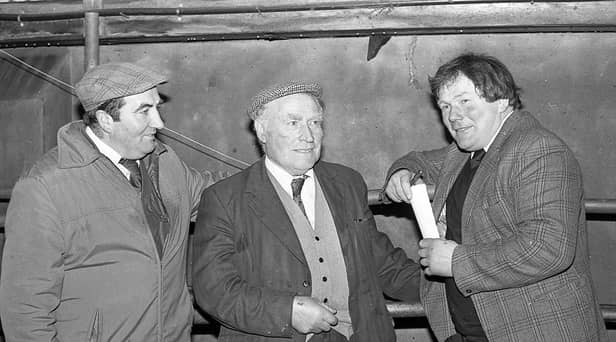 Watching the judging at the Ulster Ayrshire Cattle Club’s show and sale at Ballyclare Mart in March are Brian King, secretary, Ballymena, Jack Liggett, Tandragee, and James Getty, Kells, club chairman. Picture: Farming Life/News Letter archives