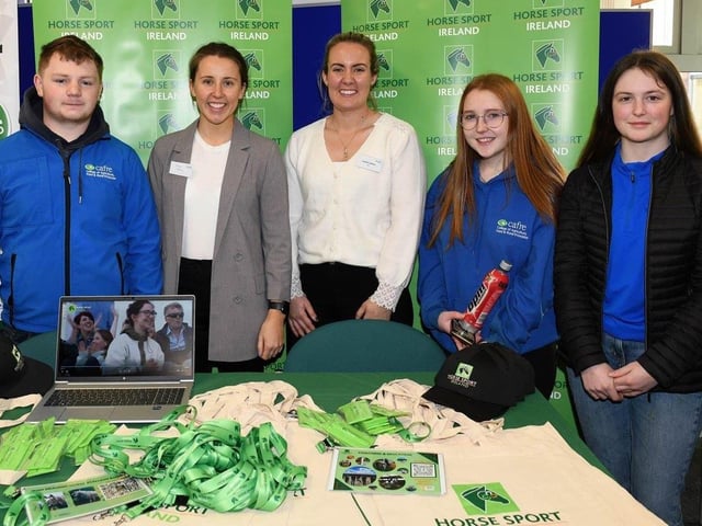 CAFRE Enniskillen Campus Level 3 students Coraigh Lynch (Greysteel), Erin Murphy (Newry) and Ellie Morton (Bangor) pictured with Horse Sport Ireland (HSI) representatives Sonja Egan and Sophie D’Alton.